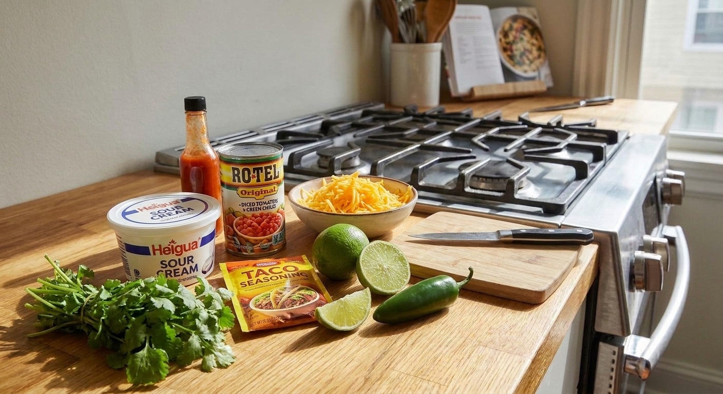 All ingredients for boat dip arranged on a bright kitchen counter including sour cream, Rotel, shredded cheddar, taco seasoning, limes, jalapeño, cilantro, and hot sauce