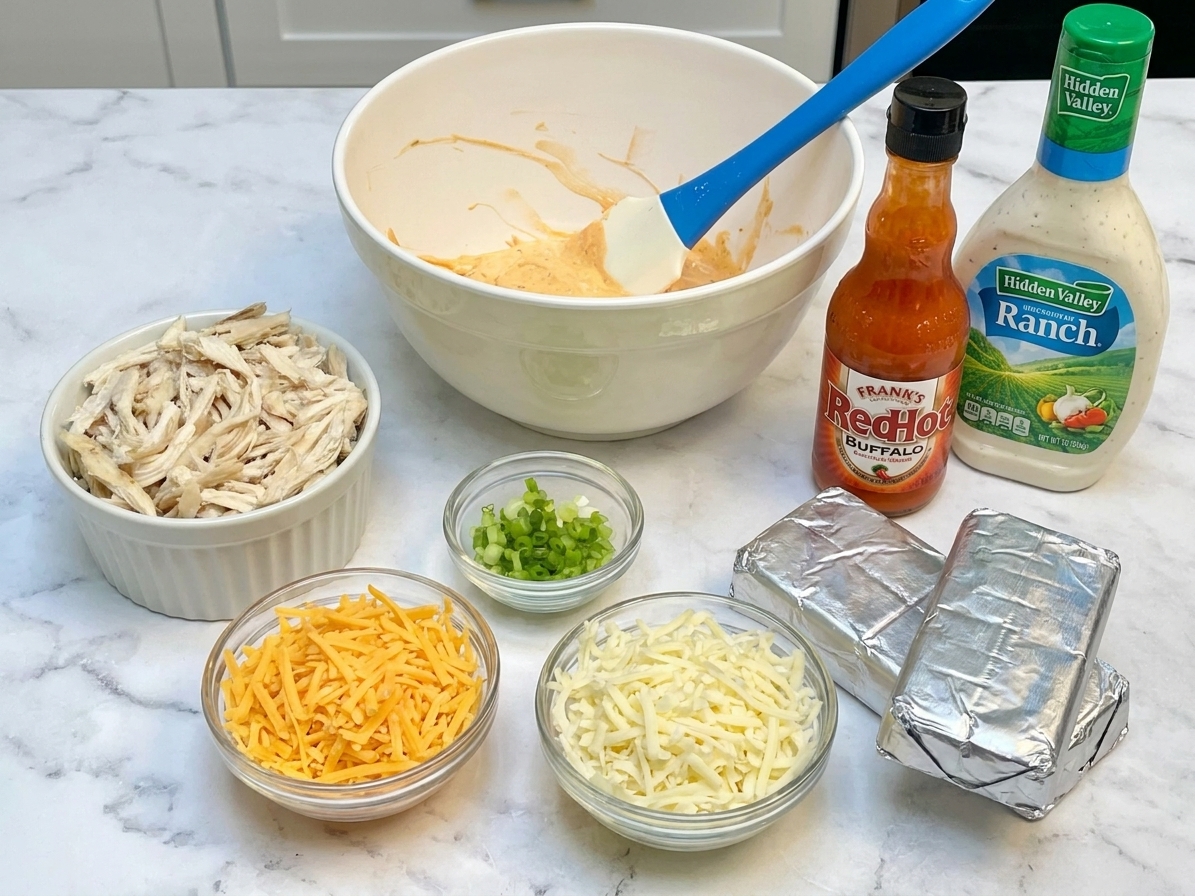 All ingredients for buffalo chicken dip arranged on a kitchen counter, including shredded chicken, cream cheese blocks, shredded cheddar, shredded mozzarella, buffalo sauce, ranch dressing, and green onions