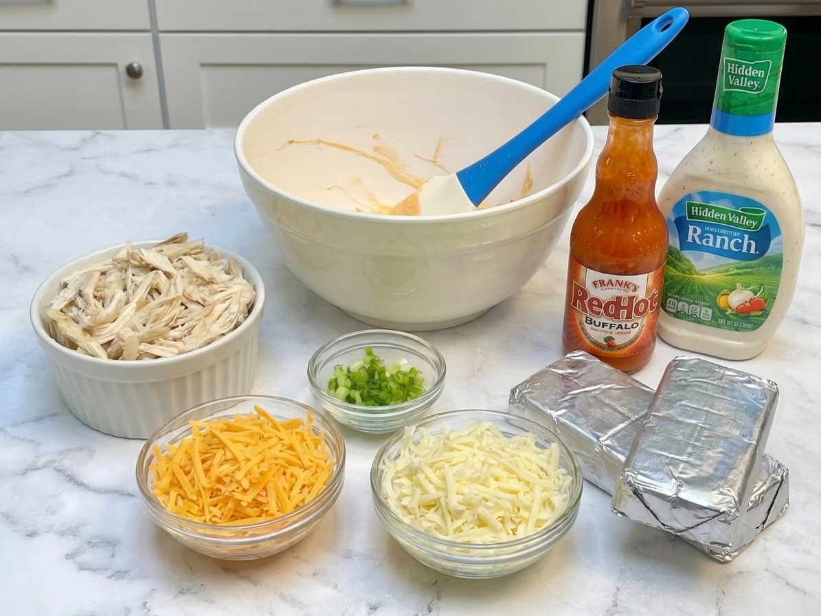 All ingredients for buffalo chicken dip arranged on a kitchen counter, including shredded chicken, cream cheese blocks, shredded cheddar, shredded mozzarella, buffalo sauce, ranch dressing, and green onions