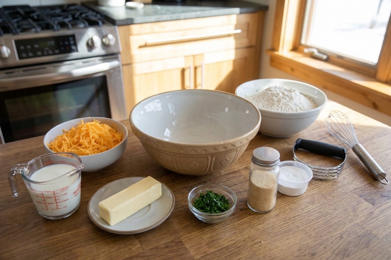 All ingredients for cheddar garlic biscuits arranged on a bright kitchen counter, including flour, baking powder, cheddar cheese, milk, butter, garlic powder, parsley, and a mixing bowl