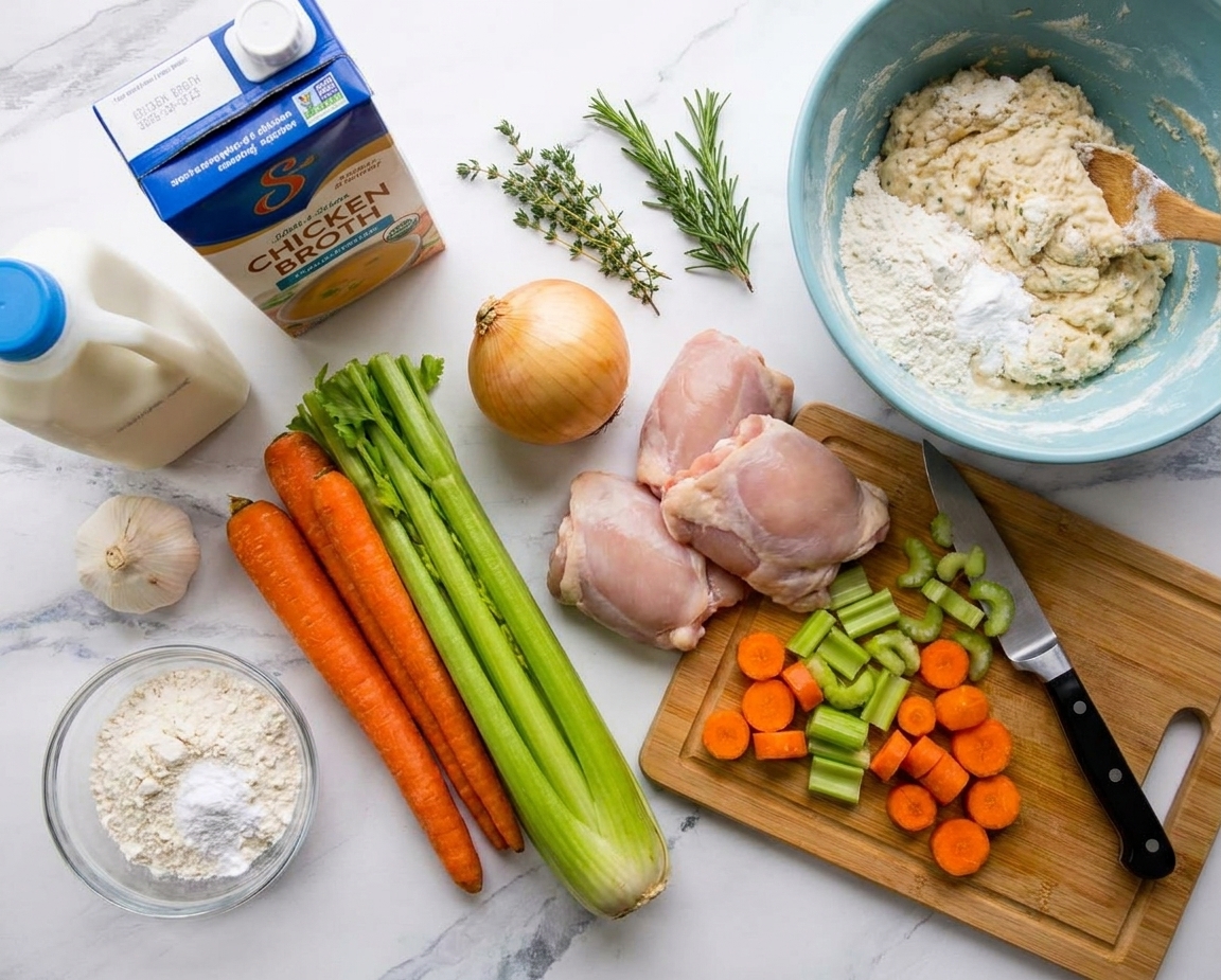 All ingredients for chicken and dumpling soup arranged on a kitchen counter, including chicken, carrots, celery, onion, garlic, broth, milk, flour, baking powder, and herbs