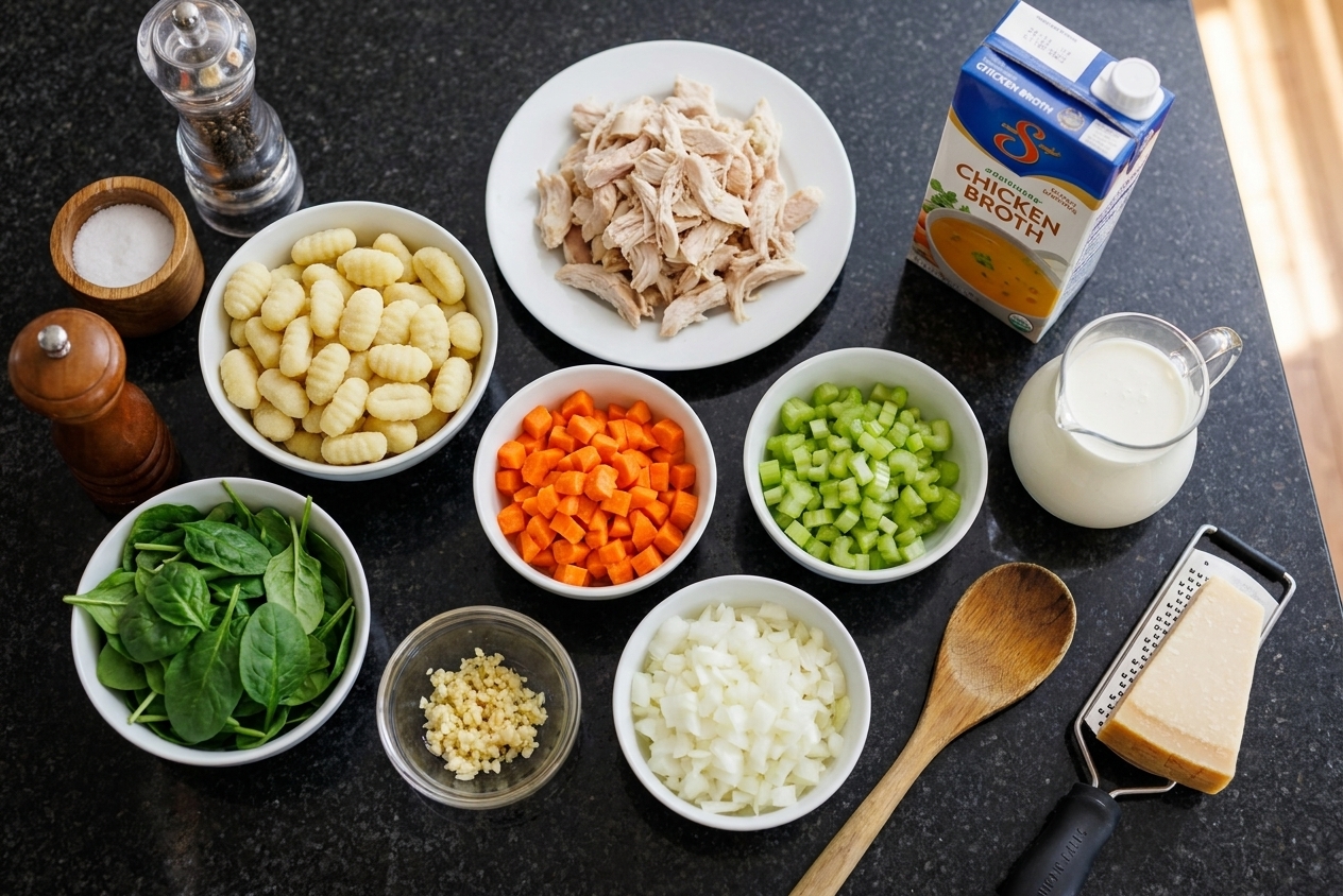 All ingredients for chicken gnocchi soup arranged on a kitchen counter, including gnocchi, cooked chicken, spinach, carrots, celery, onion, garlic, broth, and cream
