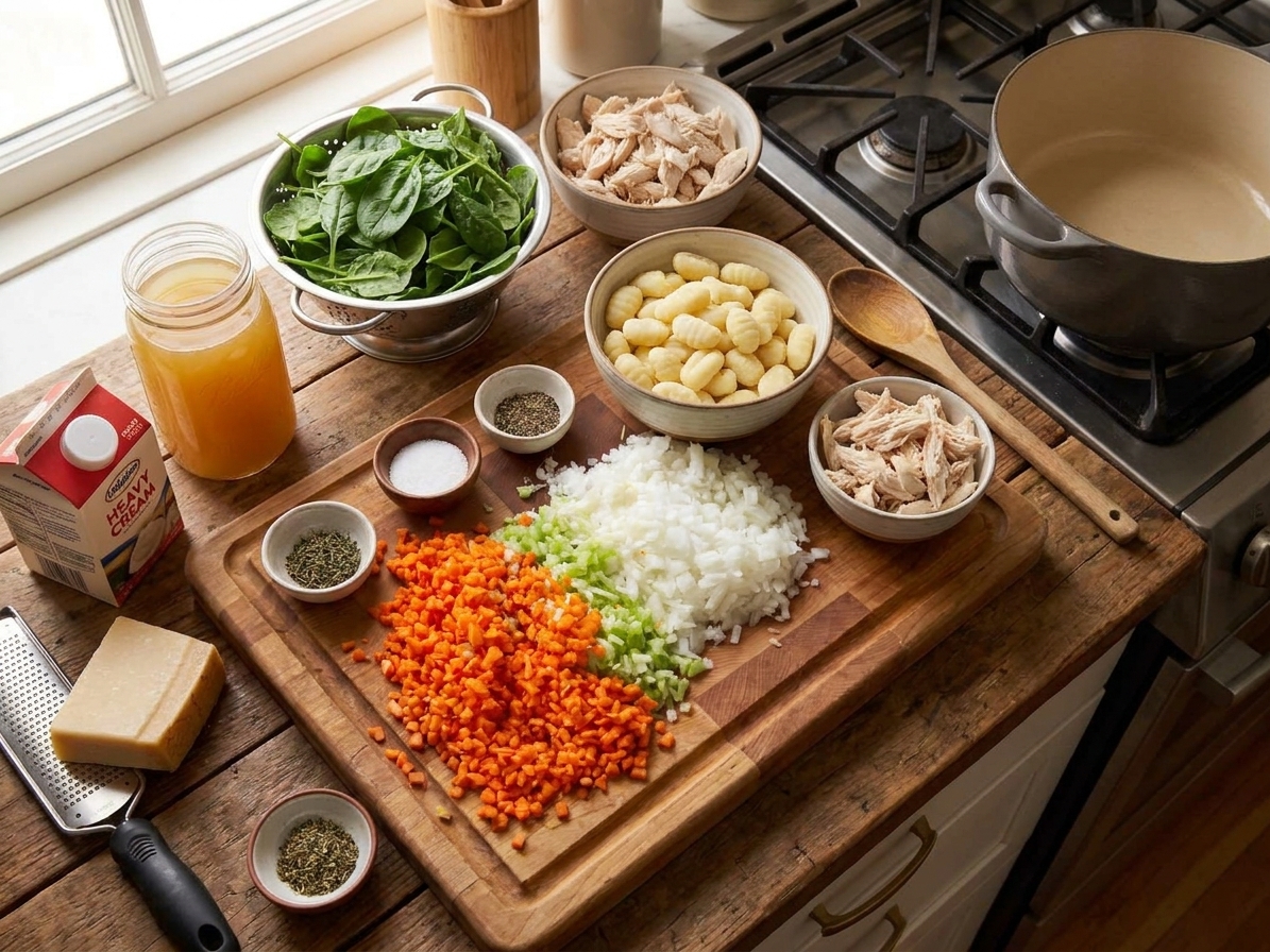 All ingredients for chicken gnocchi soup arranged on a clean kitchen counter, including gnocchi, chicken, spinach, carrots, celery, onion, broth, cream, and Parmesan