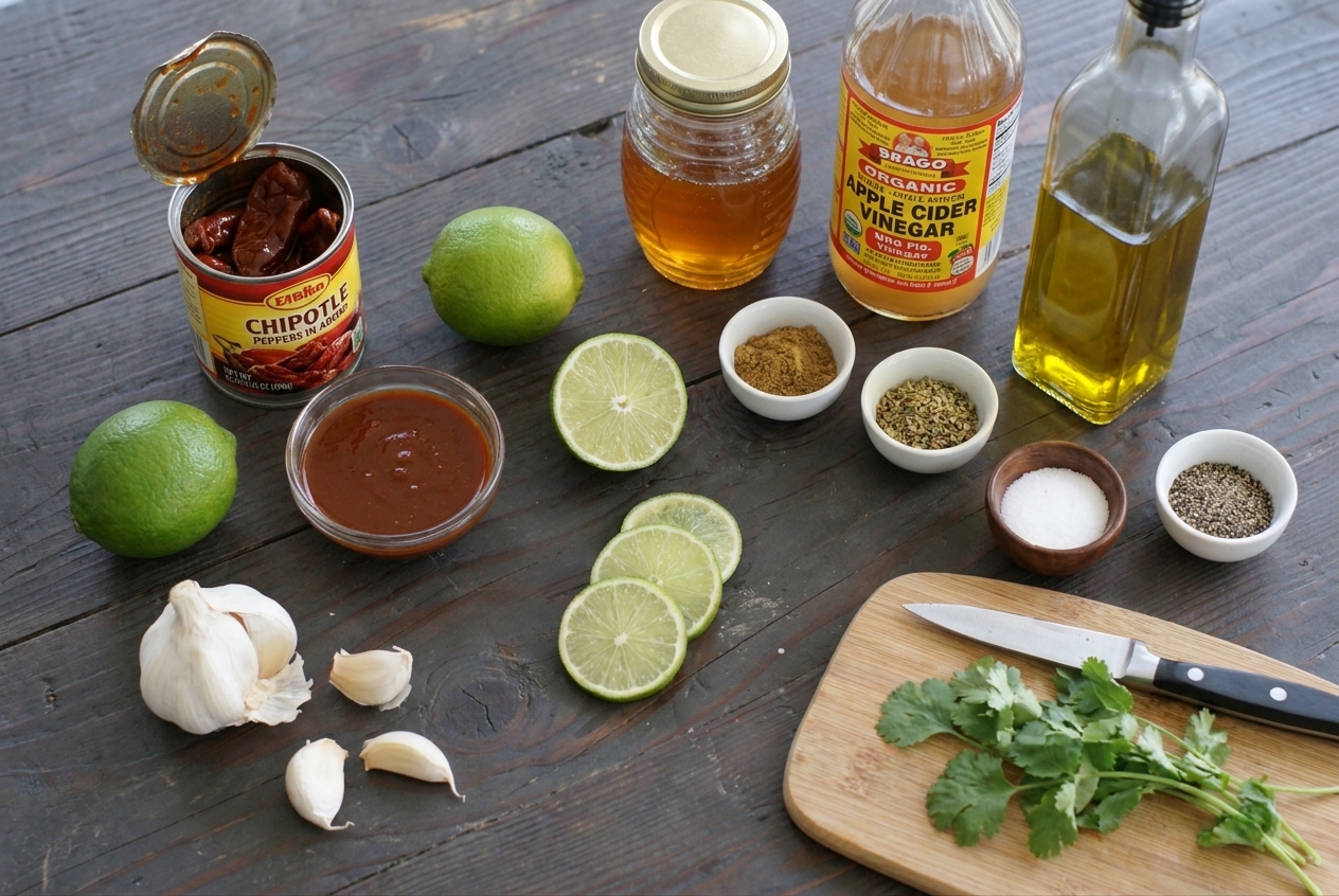 All ingredients for chipotle vinaigrette arranged in a home kitchen, including canned chipotle peppers in adobo, lime, garlic, honey, apple cider vinegar, spices, and a bottle of oil
