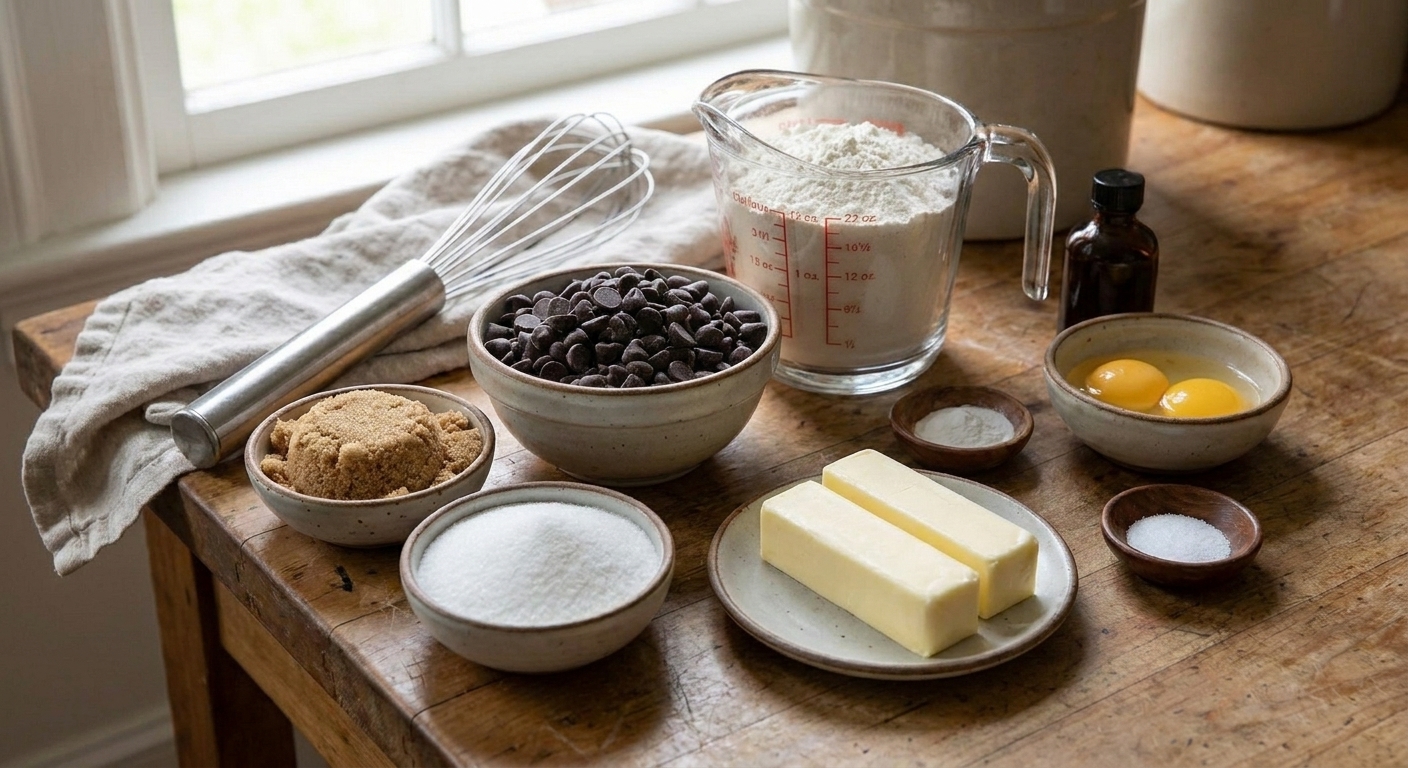 All ingredients for chocolate chip cookies arranged on a kitchen counter including flour, sugars, butter, eggs, vanilla, baking soda, salt, and chocolate chips