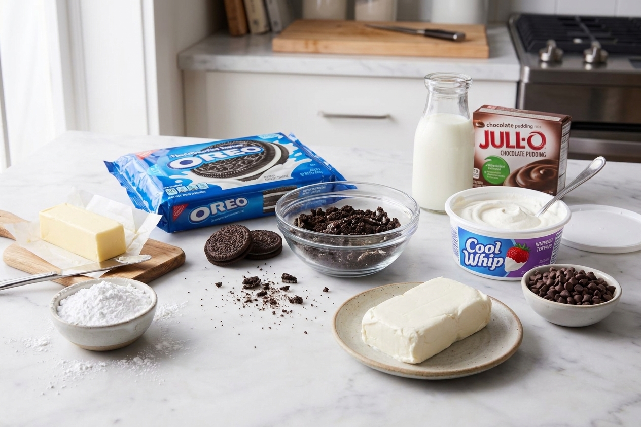 All ingredients for chocolate lasagna arranged on a kitchen counter, including Oreo cookies, butter, cream cheese, powdered sugar, milk, instant chocolate pudding mix, whipped topping, and chocolate chips