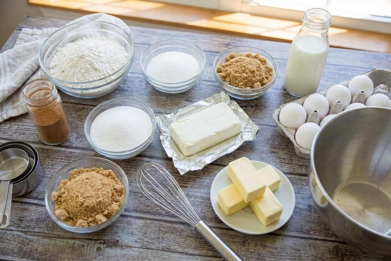All ingredients for cinnamon roll cake laid out on a bright kitchen counter, including flour, sugar, butter, eggs, milk, cinnamon, brown sugar, and cream cheese