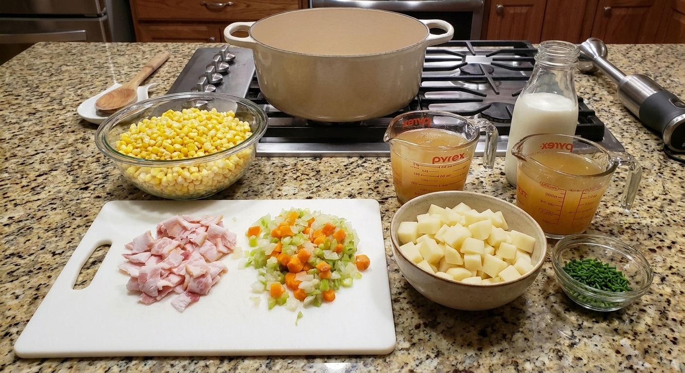 All ingredients for corn chowder arranged on a bright kitchen counter, including corn, potatoes, onion, celery, bacon, broth, milk, and herbs