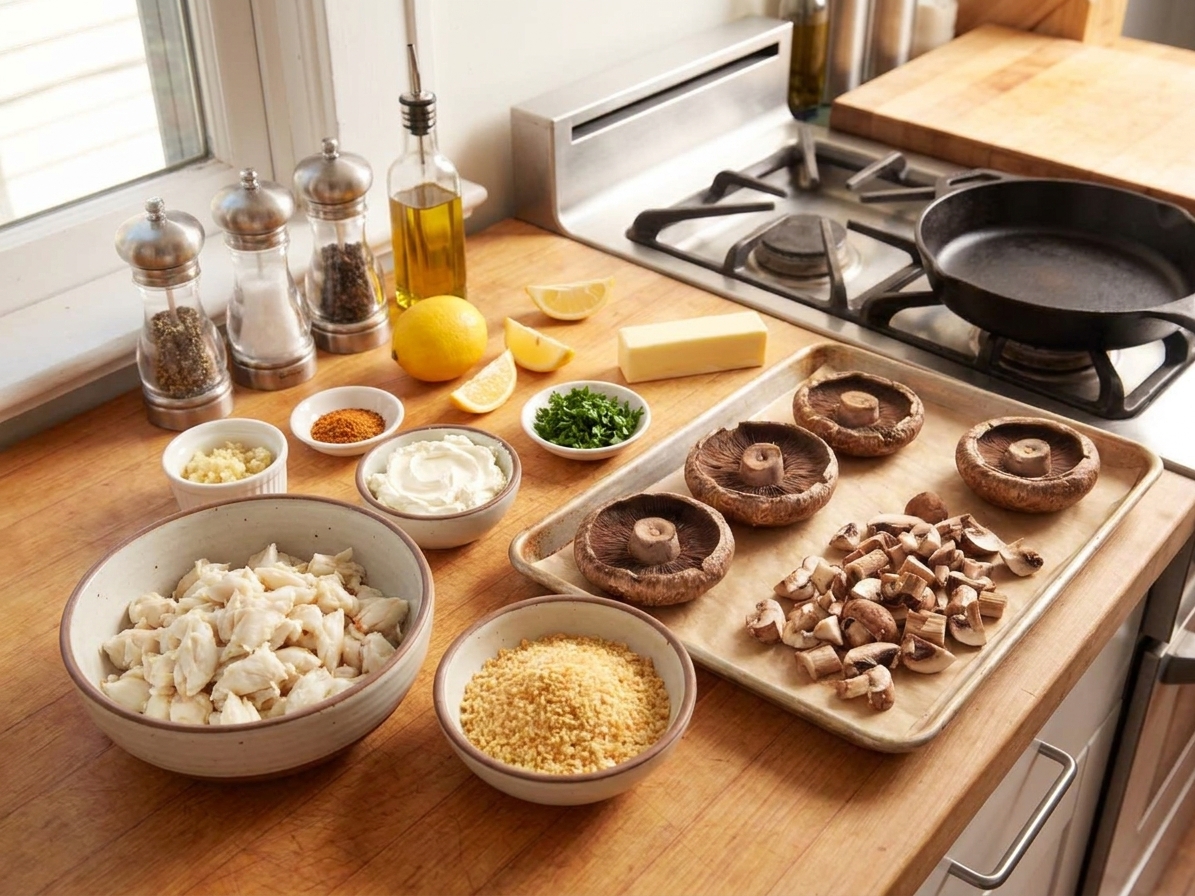 All ingredients for crab stuffed mushrooms arranged on a bright kitchen counter, including mushrooms, crab meat, cream cheese, panko, lemon, herbs, and seasonings