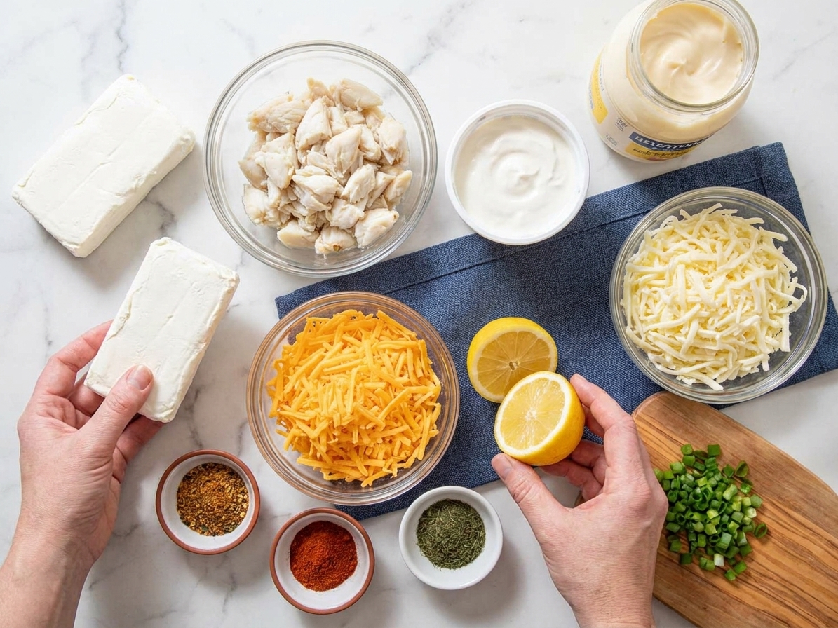 All ingredients for crabmeat dip arranged on a bright kitchen counter, including crabmeat, cream cheese, sour cream, mayonnaise, shredded cheeses, lemon, green onions, and seasonings