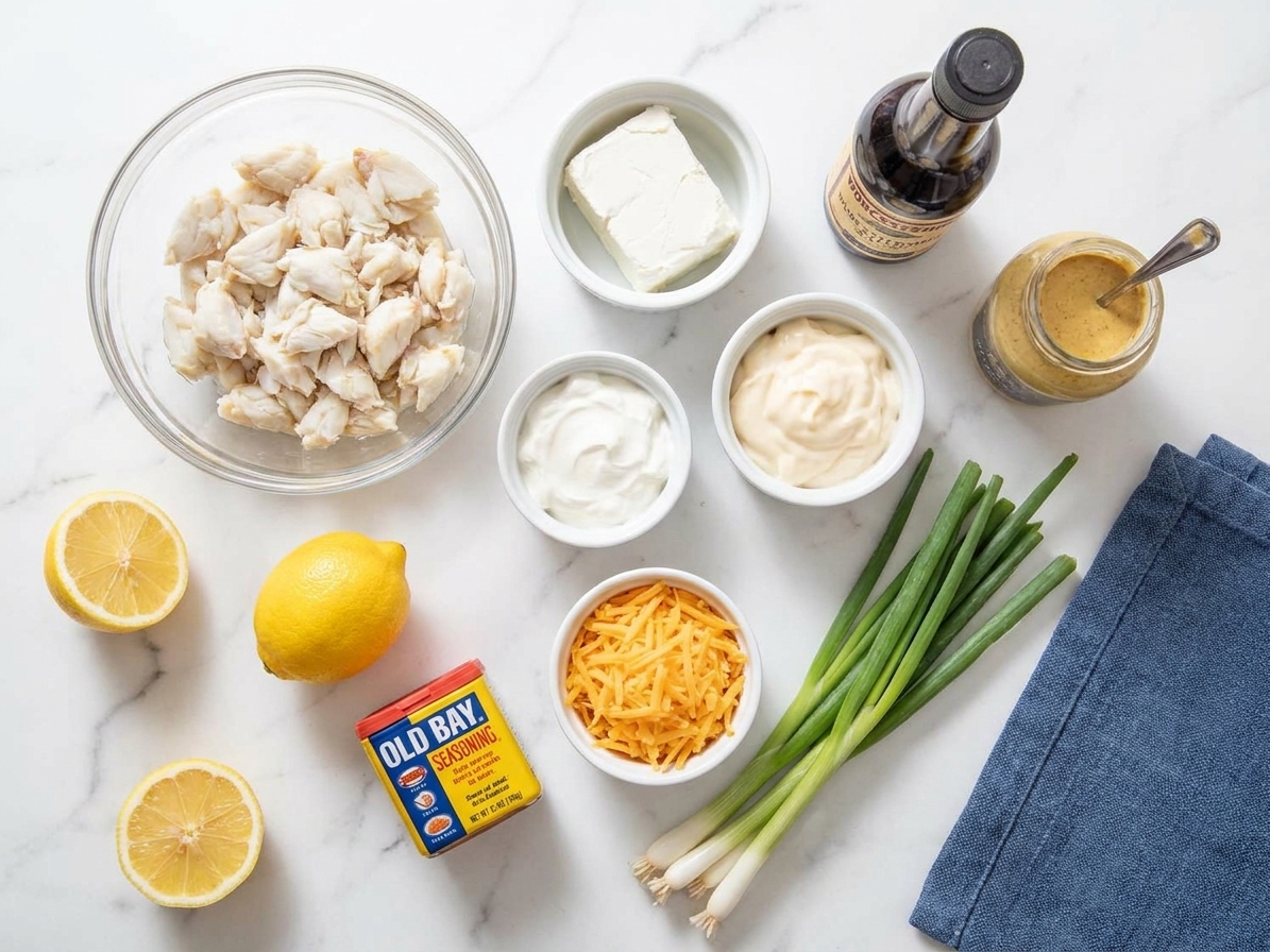 All ingredients for crabmeat dip arranged on a kitchen counter, including lump crabmeat, cream cheese, sour cream, mayonnaise, lemon, Old Bay, Worcestershire, Dijon mustard, scallions, and shredded cheddar