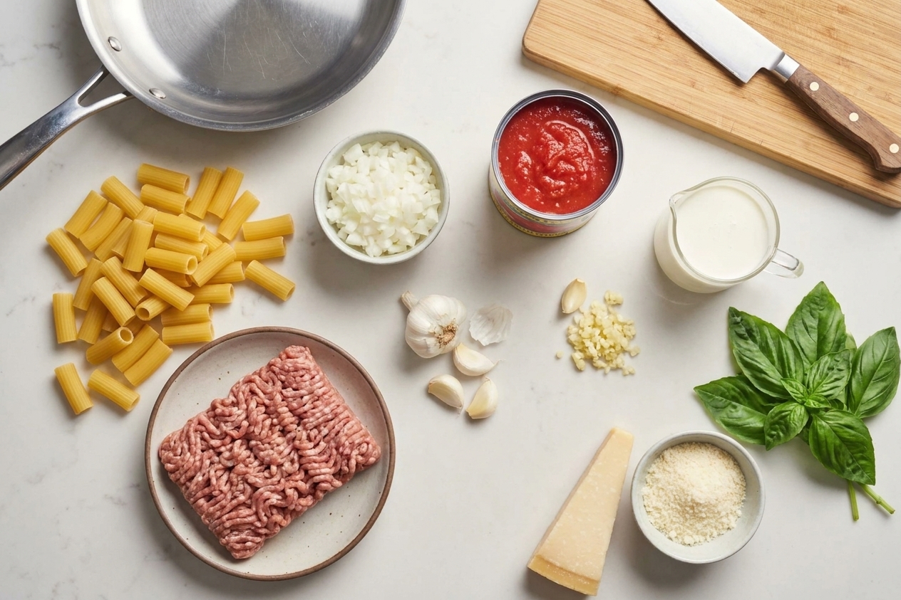 All ingredients for creamy tomato sausage pasta arranged on a kitchen counter, including ground Italian sausage, rigatoni, canned crushed tomatoes, garlic, onion, cream, Parmesan, and basil