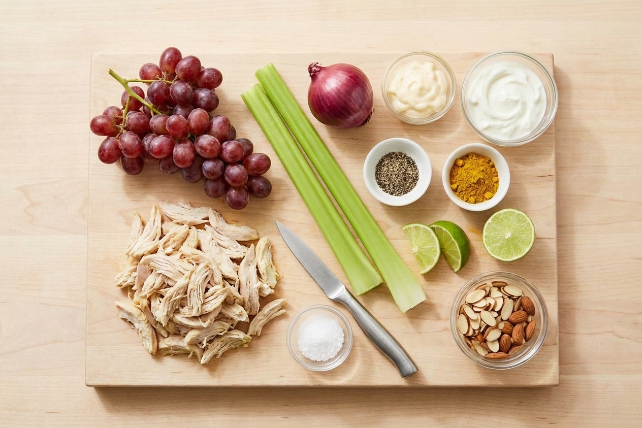 All ingredients for curry chicken salad arranged on a wooden cutting board: shredded chicken, grapes, celery, red onion, mayo, Greek yogurt, curry powder, lime, almonds, salt, and pepper