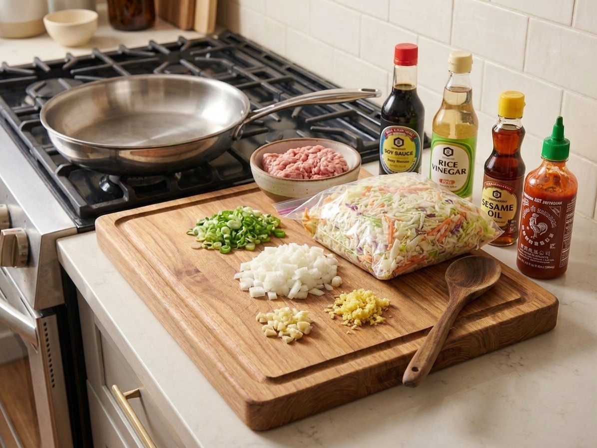 All ingredients for egg roll in a bowl arranged on a kitchen counter, including ground pork, bagged coleslaw mix, green onions, garlic, ginger, soy sauce, rice vinegar, sesame oil, and sriracha