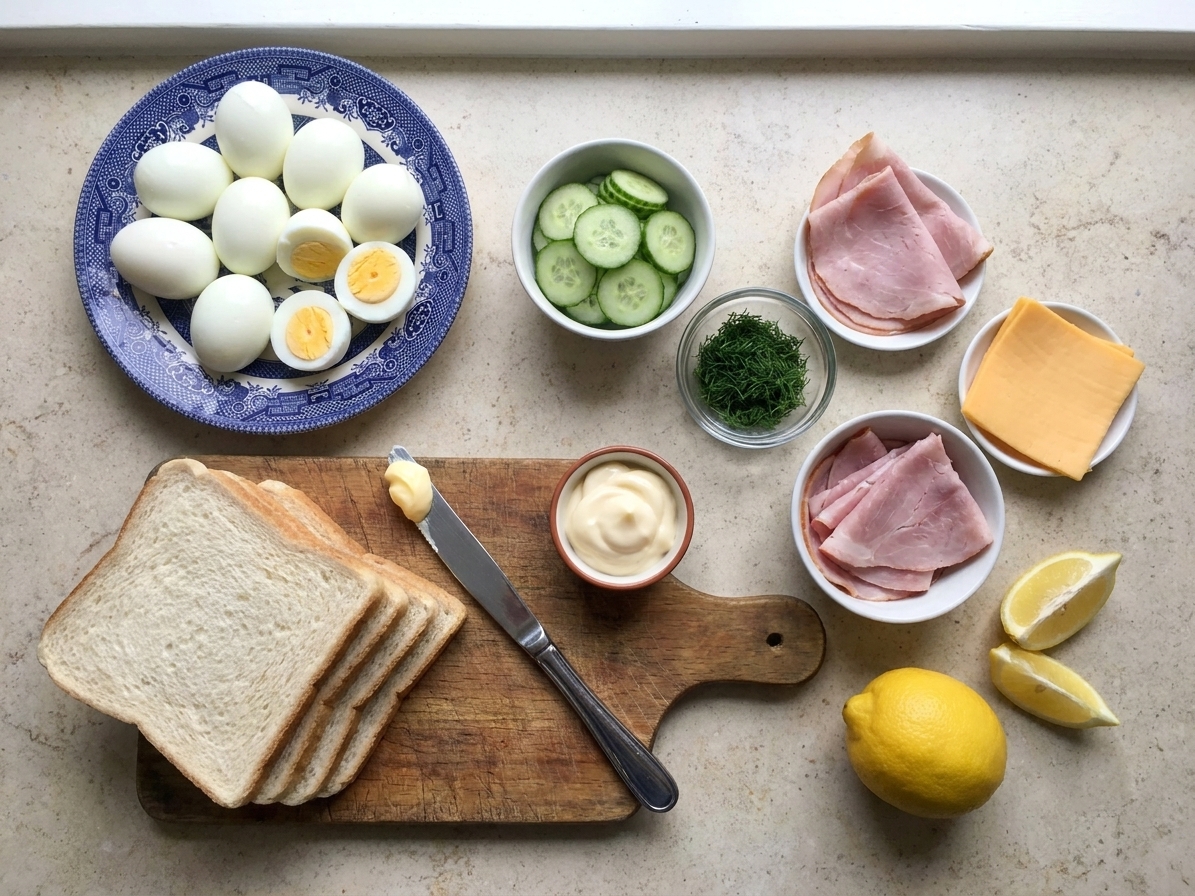 All ingredients for finger sandwiches arranged on a kitchen counter, including sliced white bread, cucumbers, eggs, mayonnaise, dill, ham, cheddar, butter, and a lemon