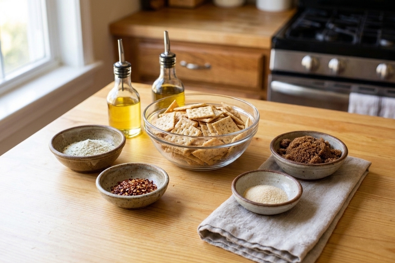 All ingredients for firecracker seasoned crackers arranged on a clean kitchen counter including crackers, ranch seasoning, red pepper flakes, brown sugar, garlic powder, and oils