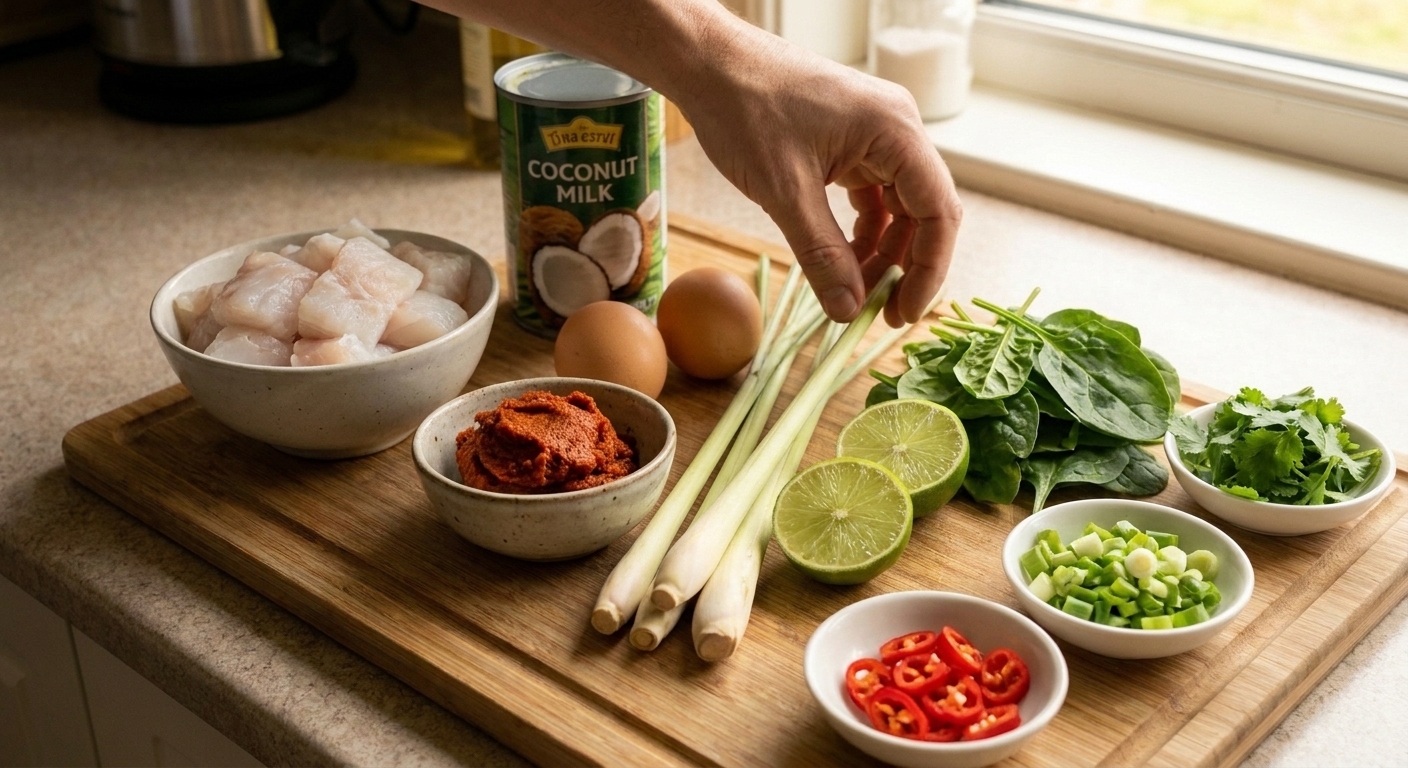 All ingredients for fish amok arranged on a kitchen counter, including white fish, coconut milk, red curry paste, eggs, lemongrass, lime, spinach, and fresh herbs in small bowls