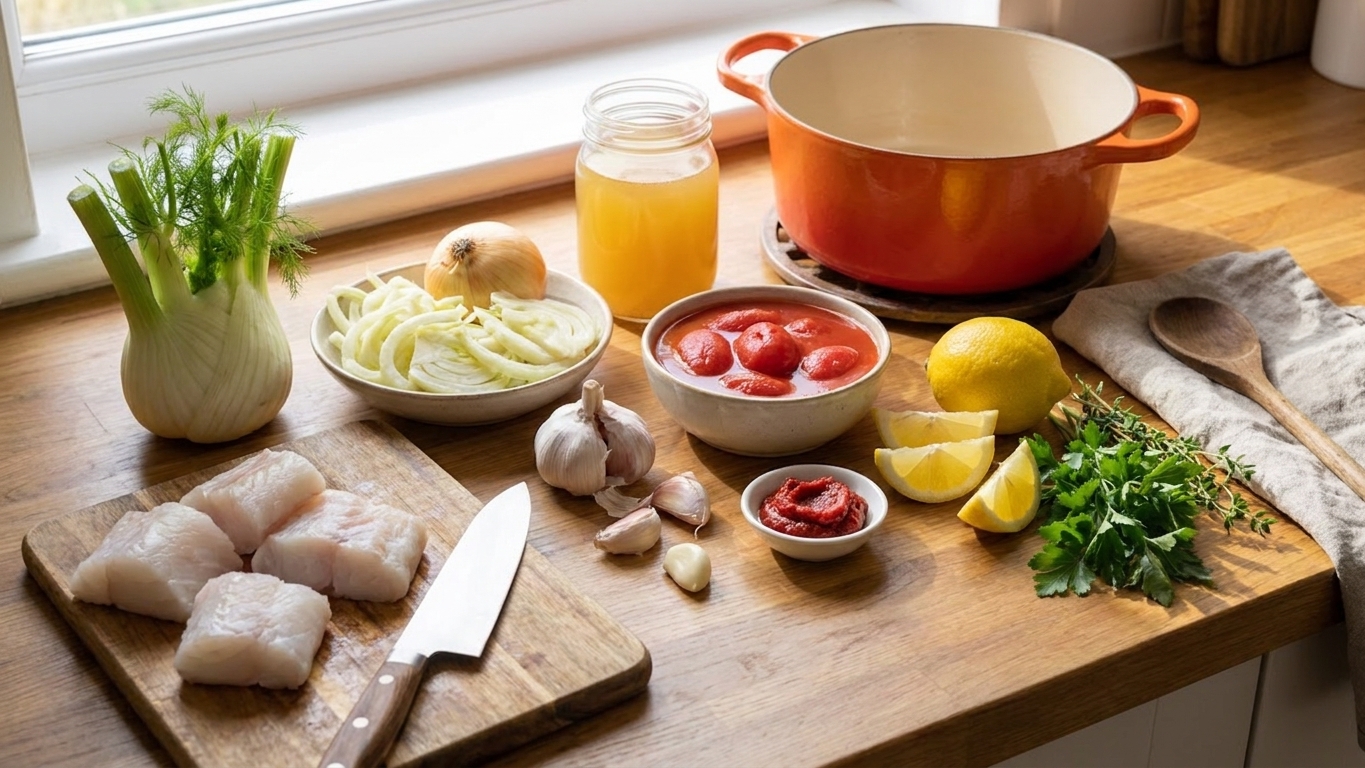 All ingredients for fish soup arranged on a bright kitchen counter, including canned tomatoes, fish fillets, fennel, onion, garlic, lemon, herbs, and broth