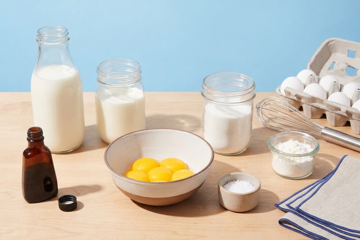 All ingredients for frozen custard arranged on a bright kitchen counter including milk, cream, egg yolks, sugar, cornstarch, salt, and vanilla