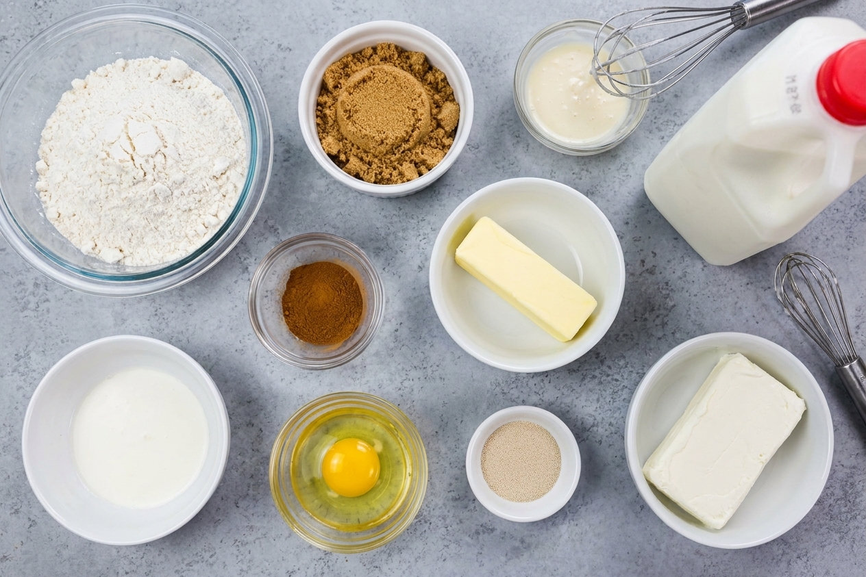 All ingredients for gluten free cinnamon rolls including flour, yeast, milk, butter, brown sugar, cinnamon, egg, and cream cheese arranged on a bright kitchen counter