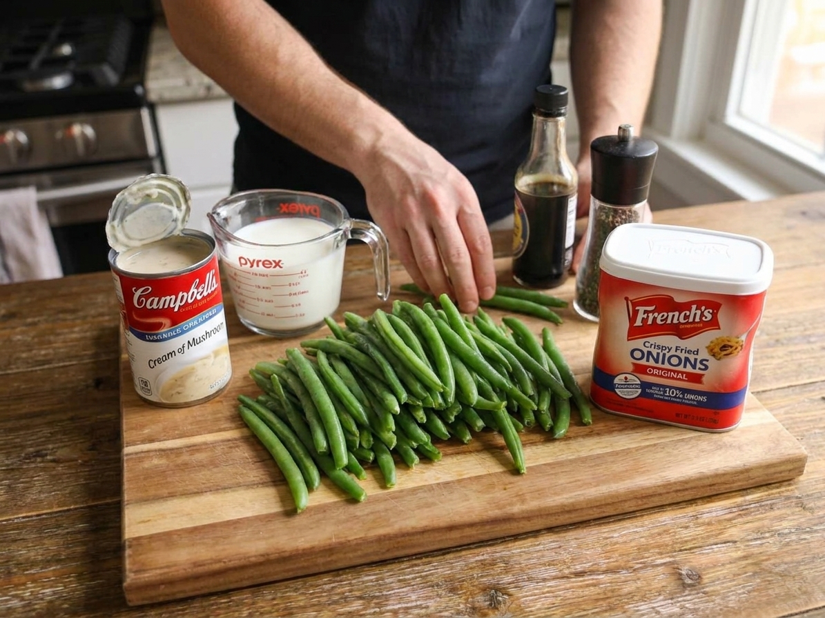 All ingredients for green bean casserole arranged on a kitchen counter, including green beans, cream of mushroom soup, milk, soy sauce, black pepper, and a can of French's fried onions