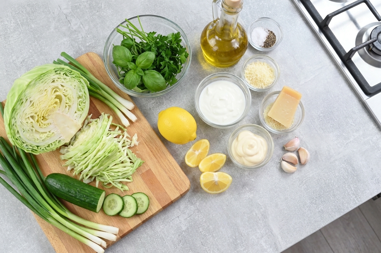 All ingredients for green goddess salad arranged on a kitchen counter, including cabbage, cucumbers, scallions, fresh herbs, lemon, garlic, yogurt, mayonnaise, and parmesan