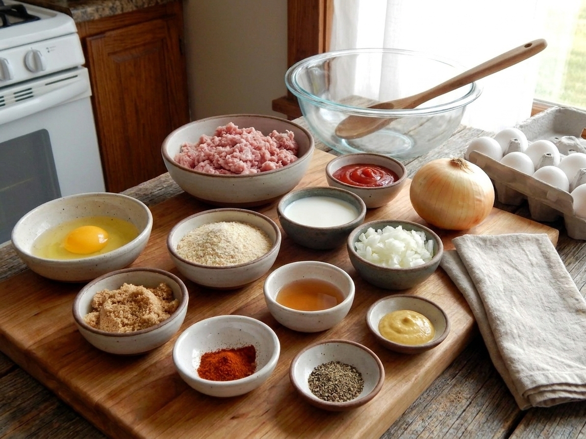 All ingredients for ham balls arranged on a kitchen counter, including ground ham, ground pork, eggs, breadcrumbs, milk, onion, ketchup, brown sugar, vinegar, mustard, and spices in small bowls