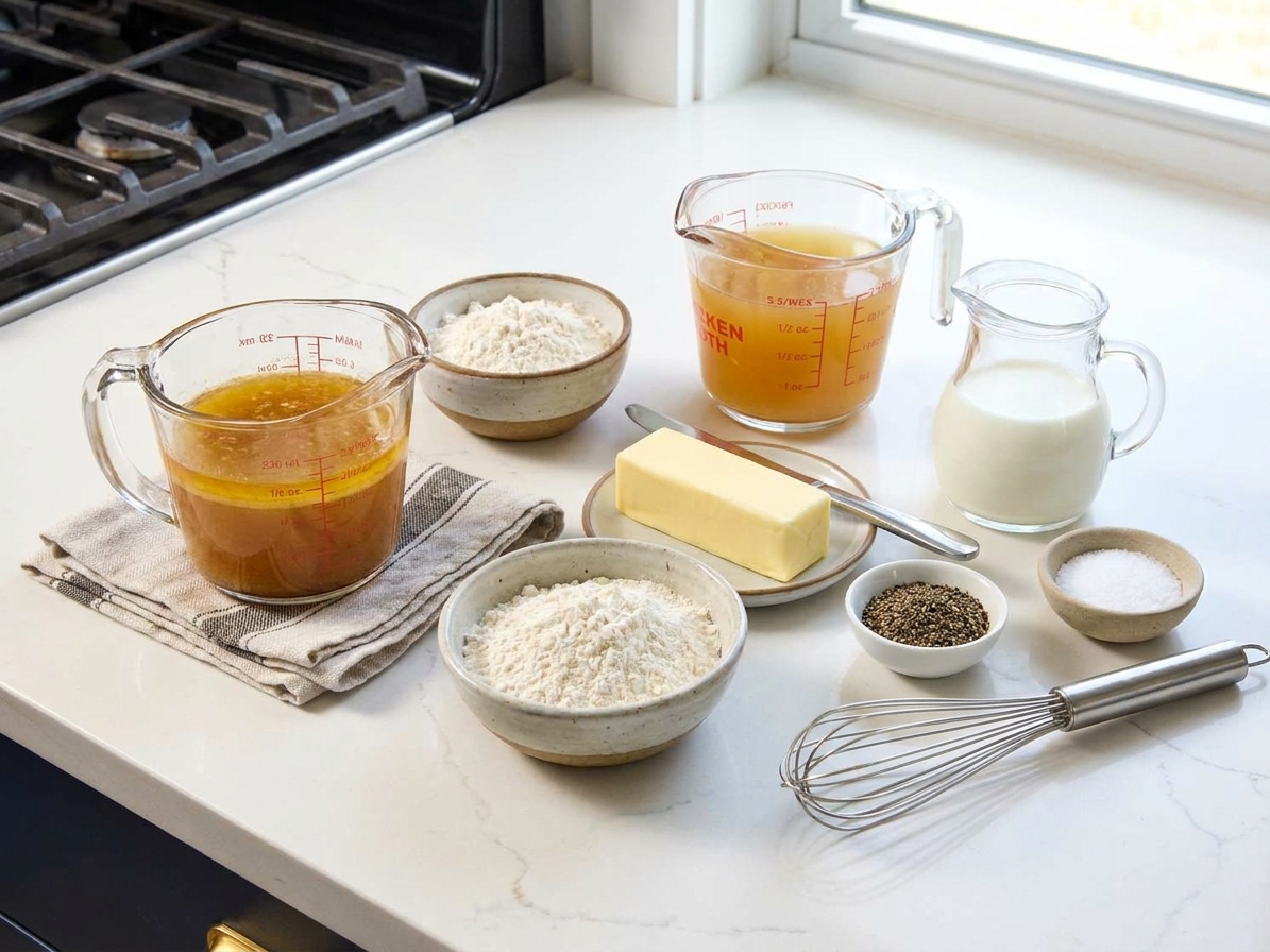 All ingredients for ham gravy arranged on a bright kitchen counter including butter, flour, ham drippings in a small cup, chicken broth, milk, black pepper, and salt