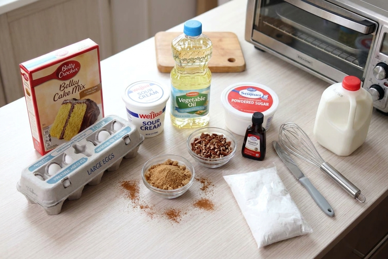 All ingredients for honey bun cake arranged on a kitchen counter, including cake mix, sour cream, eggs, oil, cinnamon, brown sugar, chopped pecans, powdered sugar, vanilla, and milk