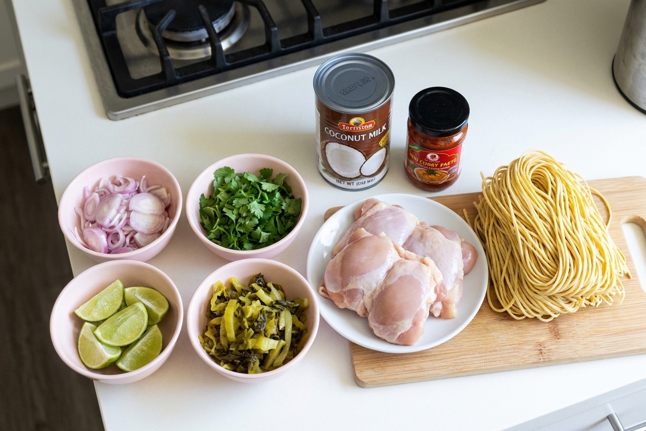 All ingredients for khao soi arranged on a bright kitchen counter including coconut milk, curry paste, chicken thighs, egg noodles, lime, shallots, cilantro, and mustard greens