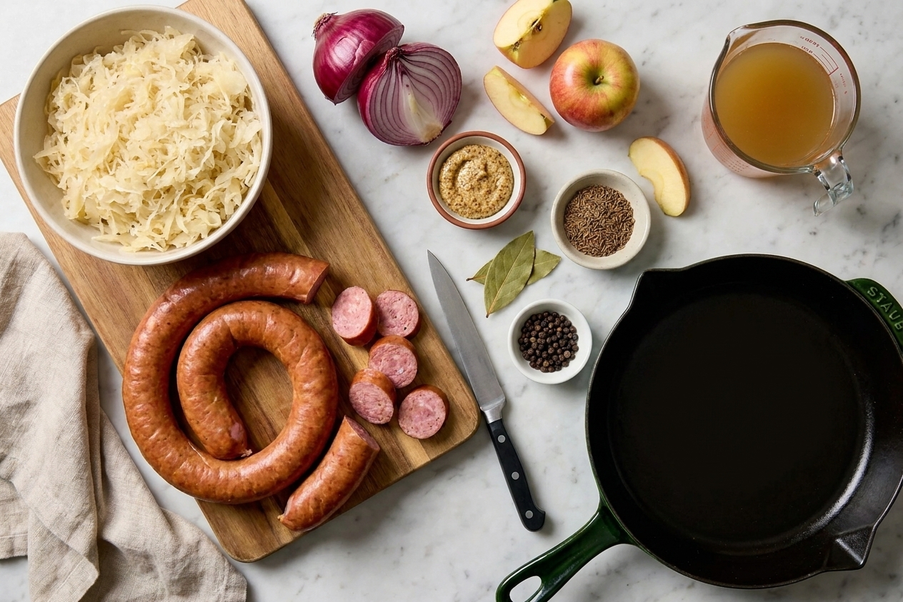 All ingredients for kielbasa and sauerkraut laid out on a light kitchen counter, including kielbasa, sauerkraut, onion, apple, mustard, broth, and spices in small bowls