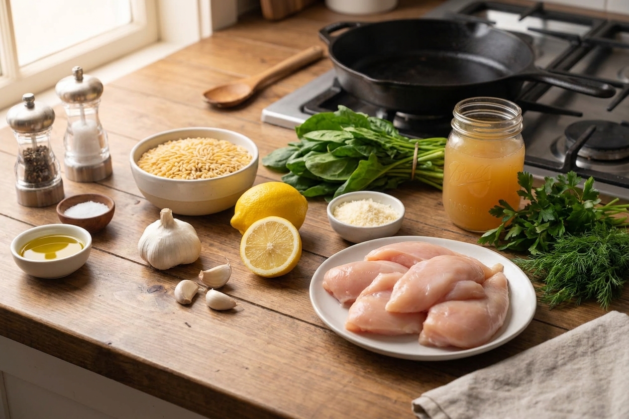 All ingredients for lemon garlic chicken and orzo arranged on a clean kitchen counter, including chicken, orzo, lemon, garlic, spinach, parmesan, broth, and herbs