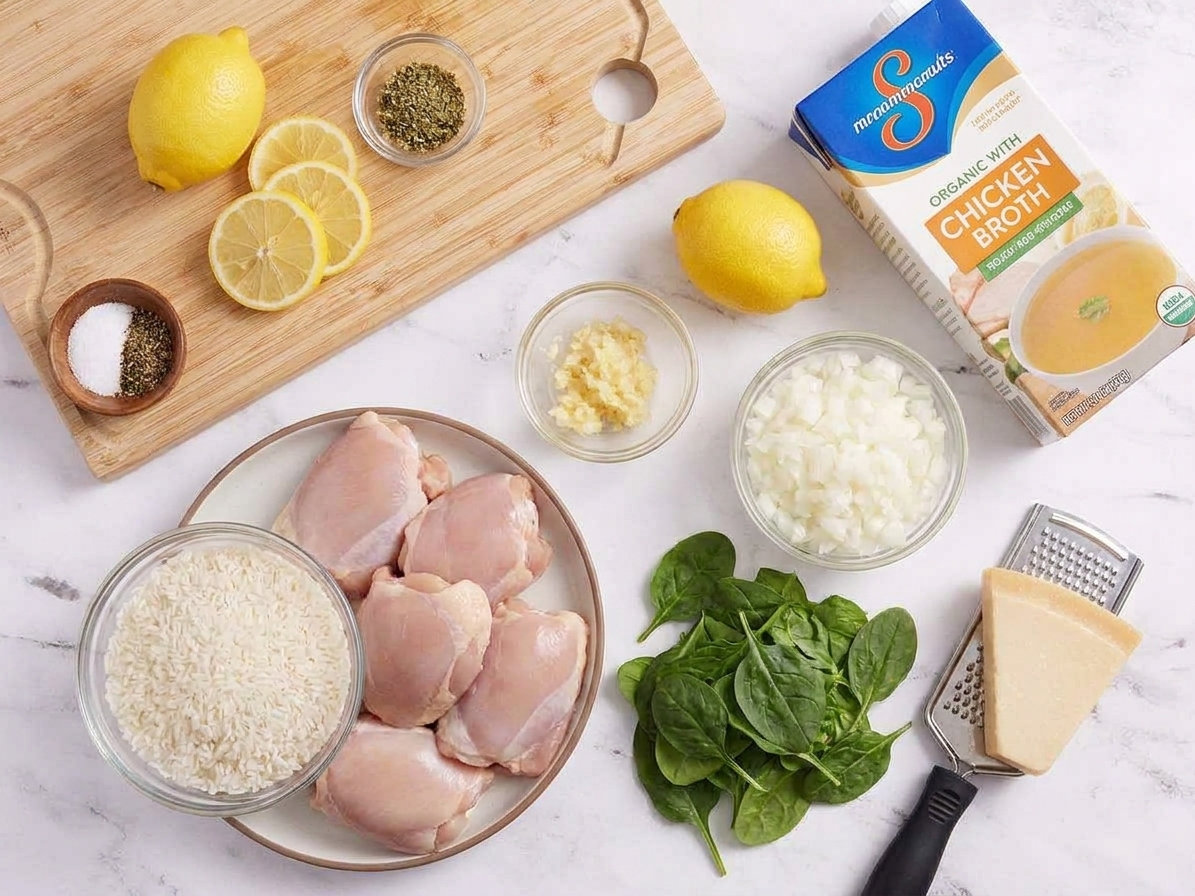 All ingredients for lemon garlic chicken and rice arranged on a bright kitchen counter, including chicken thighs, rice, lemons, broth, garlic, onion, spinach, and Parmesan