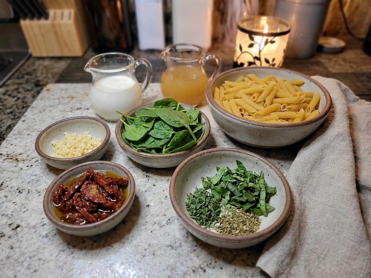 All ingredients for marry me pasta arranged on a light kitchen counter, including pasta, sun-dried tomatoes, garlic, cream, Parmesan, chicken broth, spinach, and herbs in small bowls