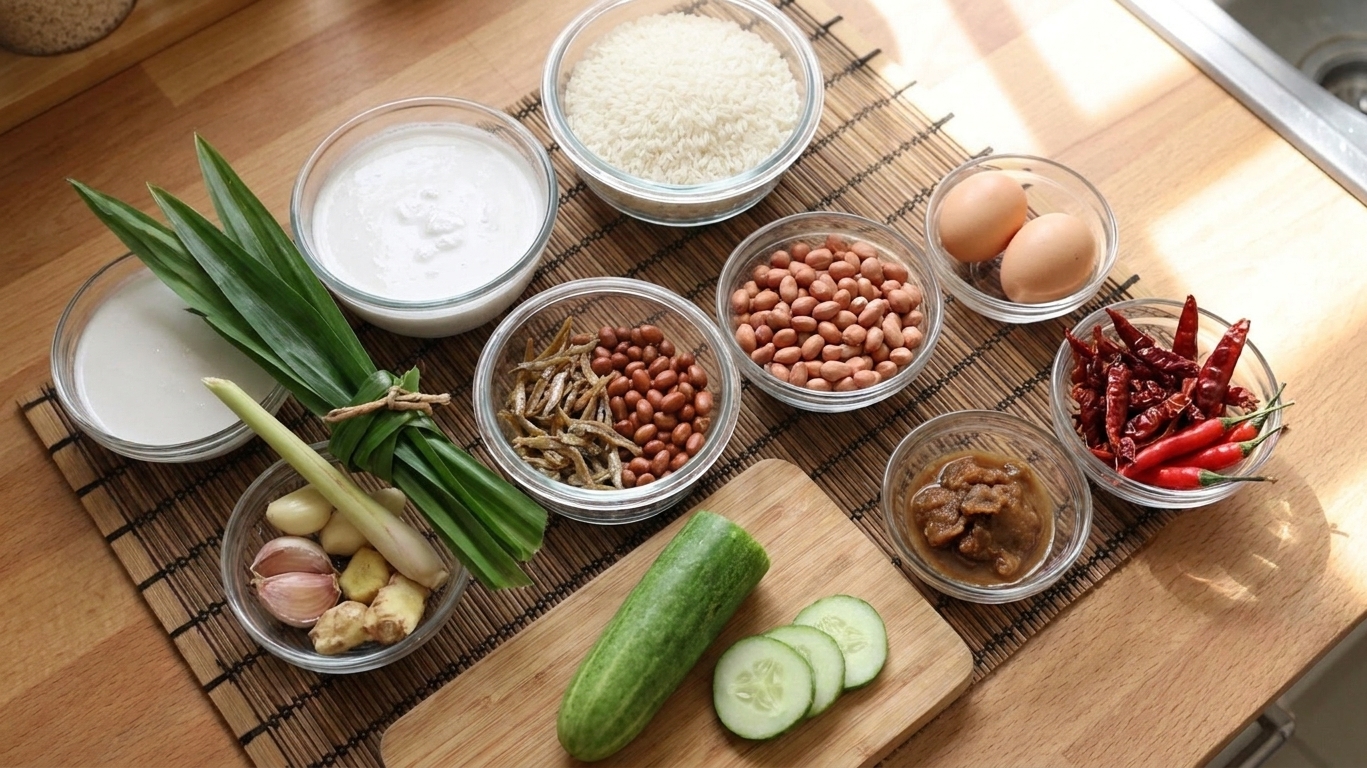 All ingredients for nasi lemak arranged on a clean kitchen counter, including jasmine rice, coconut milk, pandan leaves, aromatics, dried anchovies, peanuts, eggs, cucumber, tamarind, and chilies in small bowls