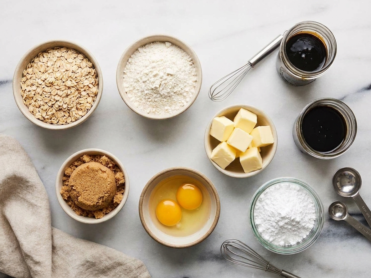 All ingredients for oatmeal cream pies arranged on a clean kitchen counter, including oats, flour, brown sugar, butter, eggs, molasses, and powdered sugar in small bowls