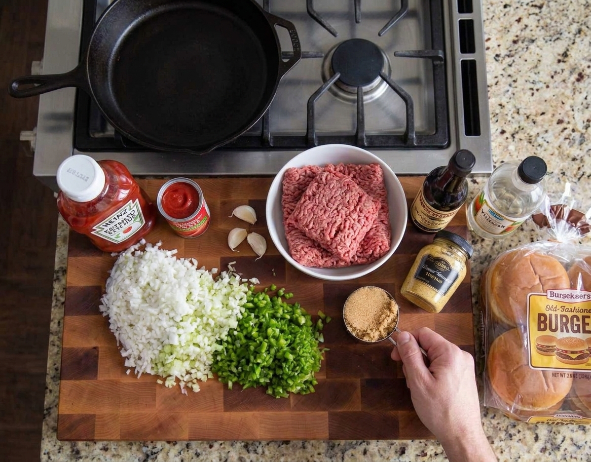 All ingredients for old-fashioned sloppy joes arranged on a kitchen counter, including ground beef, onion, green bell pepper, garlic, ketchup, tomato paste, Worcestershire sauce, mustard, brown sugar, vinegar, and burger buns