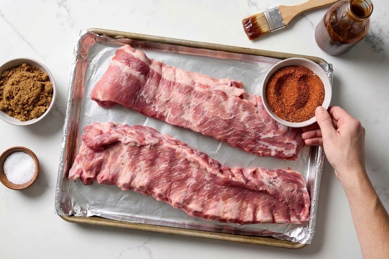 All ingredients for oven baby back ribs arranged on a kitchen counter, including racks of ribs, bowls of spices, brown sugar, and a bottle of barbecue sauce