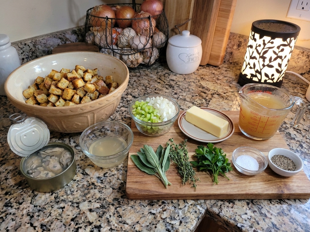 All ingredients for oyster dressing arranged on a bright kitchen counter, including bread cubes, canned oysters with liquor, celery, onion, butter, herbs, and stock