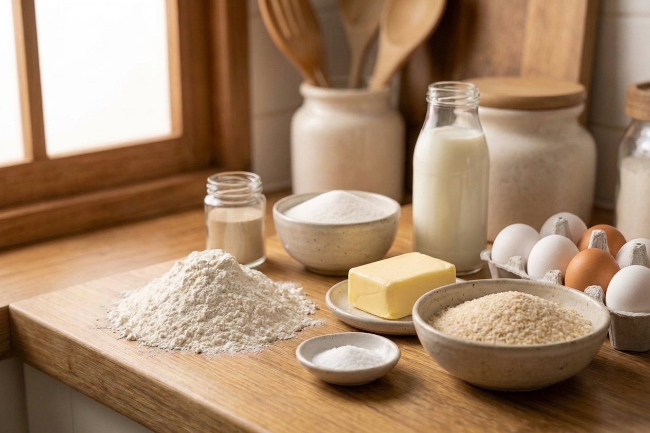All ingredients for pandesal laid out on a light kitchen counter including flour, yeast, sugar, milk, eggs, butter, salt, and a bowl of breadcrumbs