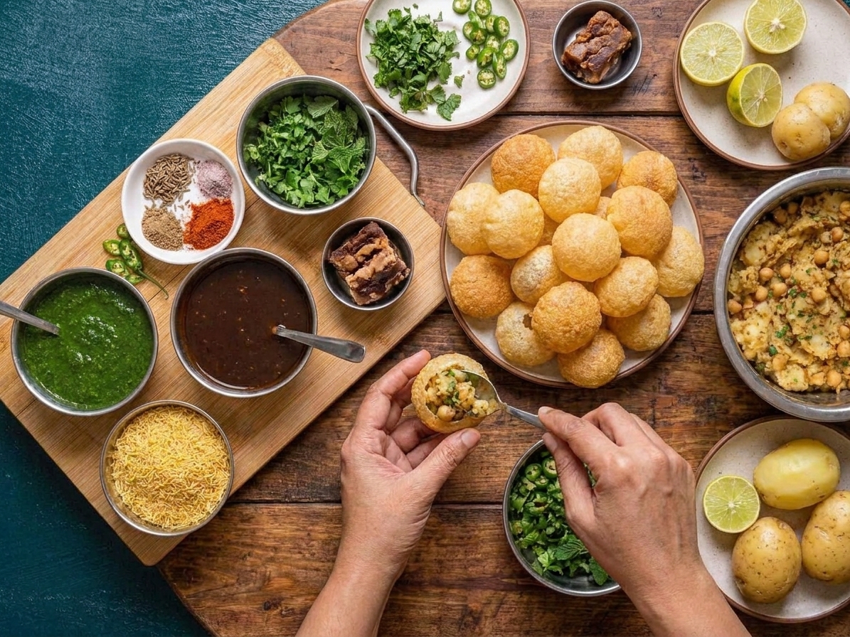 All ingredients for pani puri arranged on a bright kitchen counter including puris, boiled potatoes, chickpeas, herbs, spices, tamarind, and limes