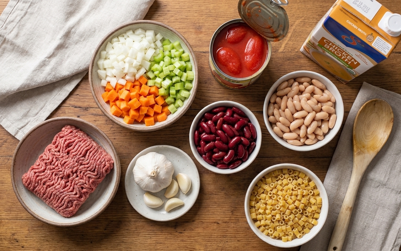 All ingredients for pasta fagioli arranged on a kitchen counter, including ground beef, onions, carrots, celery, garlic, canned tomatoes, beans, broth, and ditalini pasta