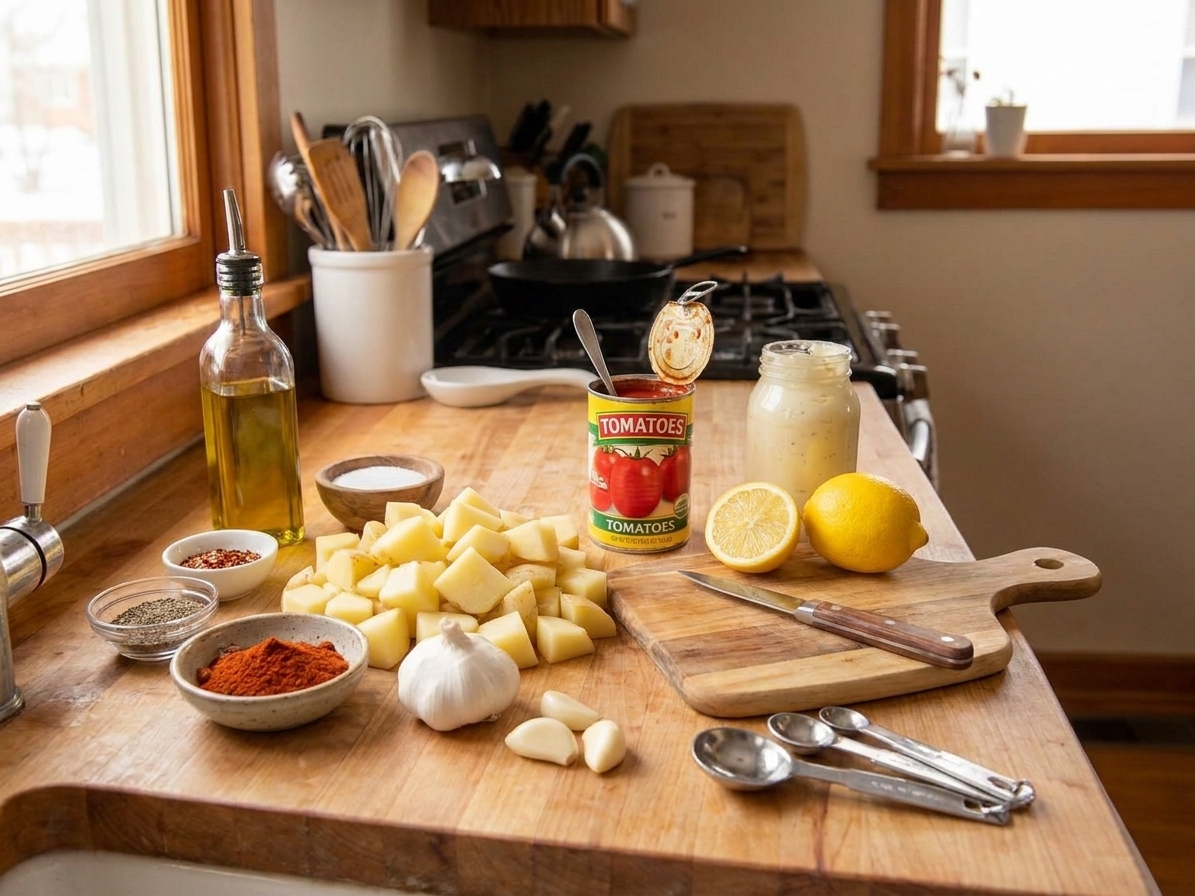 All ingredients for patatas bravas arranged on a bright kitchen counter, including potatoes, olive oil, smoked paprika, garlic, canned tomatoes, mayonnaise, lemon, and spices