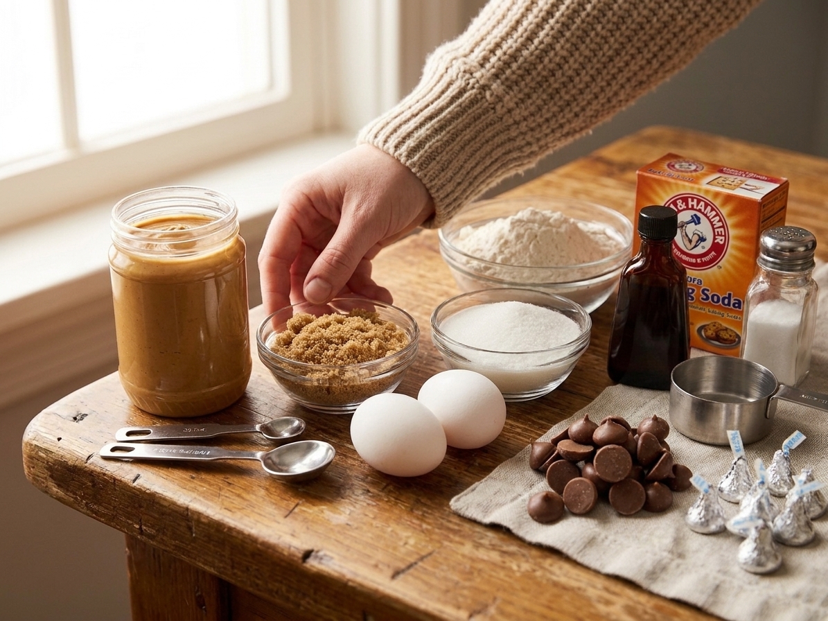 All ingredients for peanut butter blossoms arranged on a clean kitchen counter, including peanut butter, flour, sugar, brown sugar, eggs, vanilla, baking soda, salt, and wrapped chocolate kisses