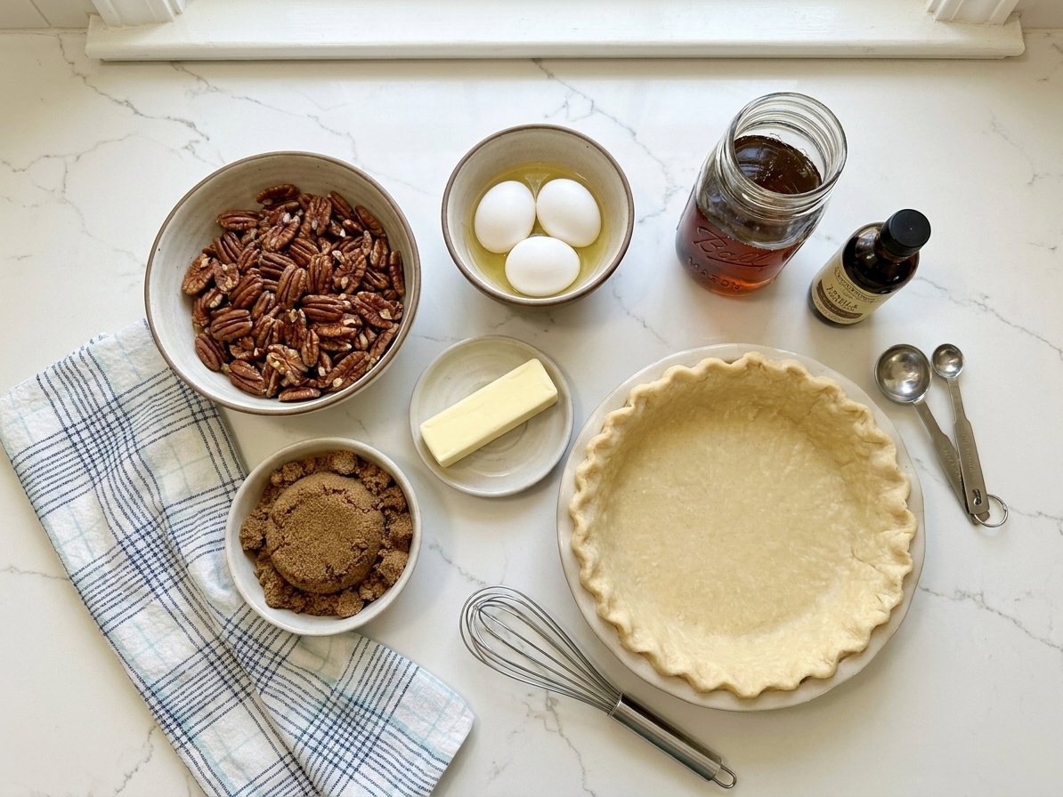All ingredients for pecan pie without corn syrup arranged on a light kitchen counter, including pecans, eggs, brown sugar, butter, maple syrup, vanilla, and an unbaked pie crust