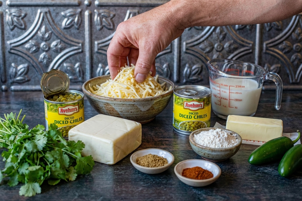 All ingredients for queso dip arranged on a kitchen counter, including shredded Monterey Jack, white American cheese, canned diced green chiles, milk, butter, flour, spices, cilantro, and jalapeños