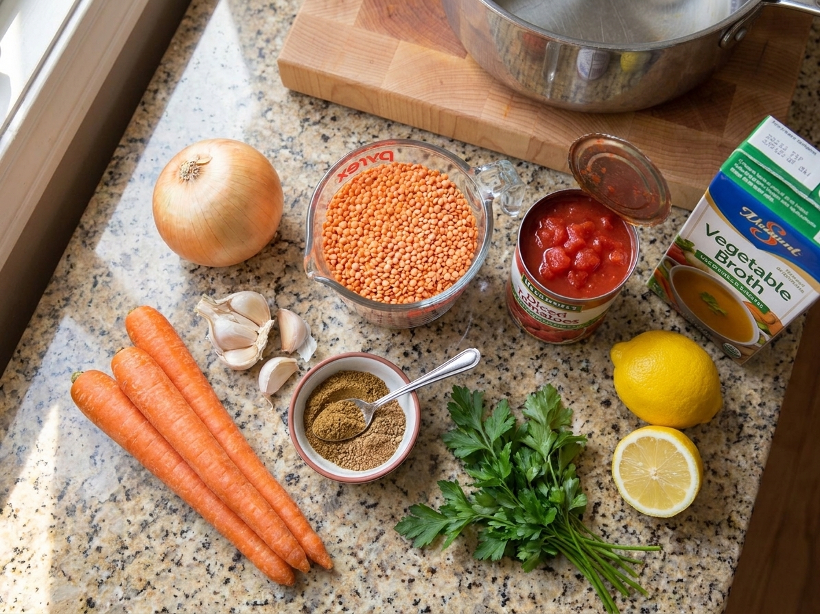 All ingredients for red lentil soup arranged on a light kitchen counter including red lentils, onion, carrots, garlic, spices, canned tomatoes, broth, and lemon