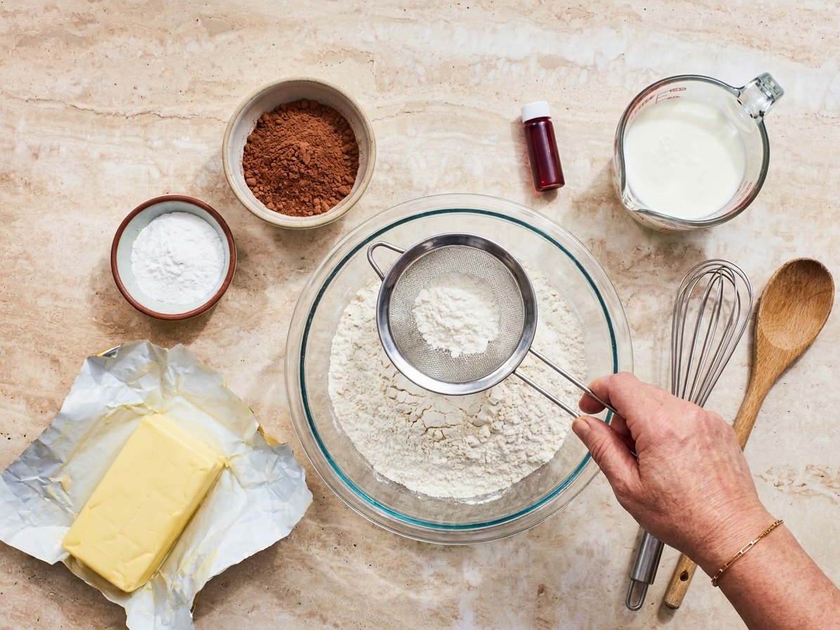 All ingredients for red velvet biscuits measured on a kitchen counter, including flour, cocoa powder, baking powder, butter, buttermilk, and red food coloring