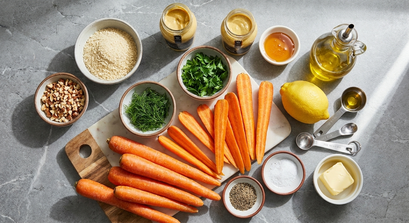 All ingredients for roasted carrots with honey mustard glaze and herby crunchy breadcrumbs arranged on a light kitchen counter with small bowls and measuring spoons