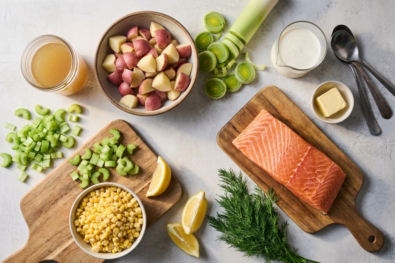 All ingredients for salmon chowder arranged on a bright kitchen counter, including salmon fillet, potatoes, leeks, corn, celery, broth, cream, lemon, and fresh dill